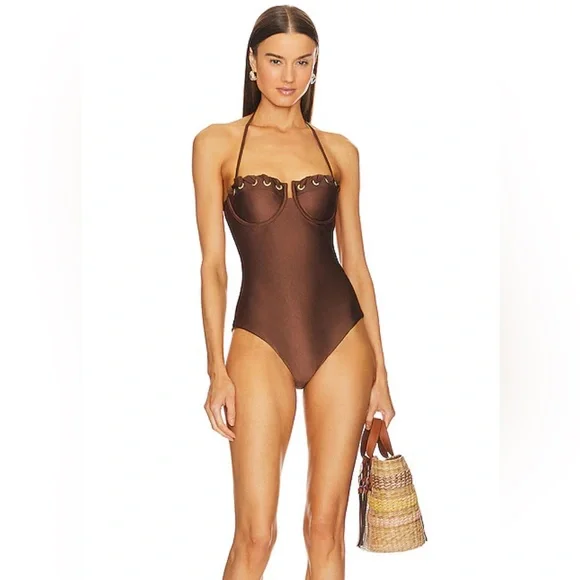 ZIMMERMANN Devi eyelet-embellished cutout underwired halterneck swimsuit sz 1 - Picture 5 of 11